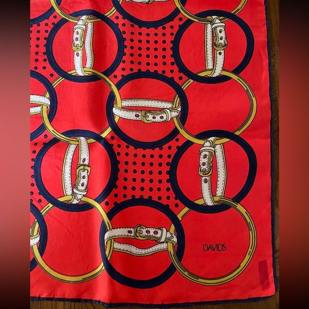 SILK 30” Equestrian & Dot Scarf 🇨🇦 DAVIDS Vintage RED NAVY GOLD TAUPE 1 Mark EVC - Picture 2 of 5